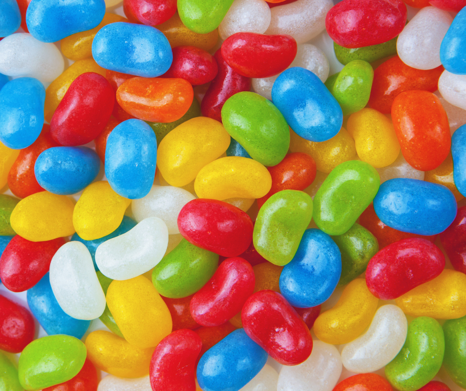 Assorted colourful jelly beans close-up.