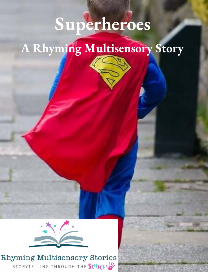 Child in superhero costume for multisensory story event.