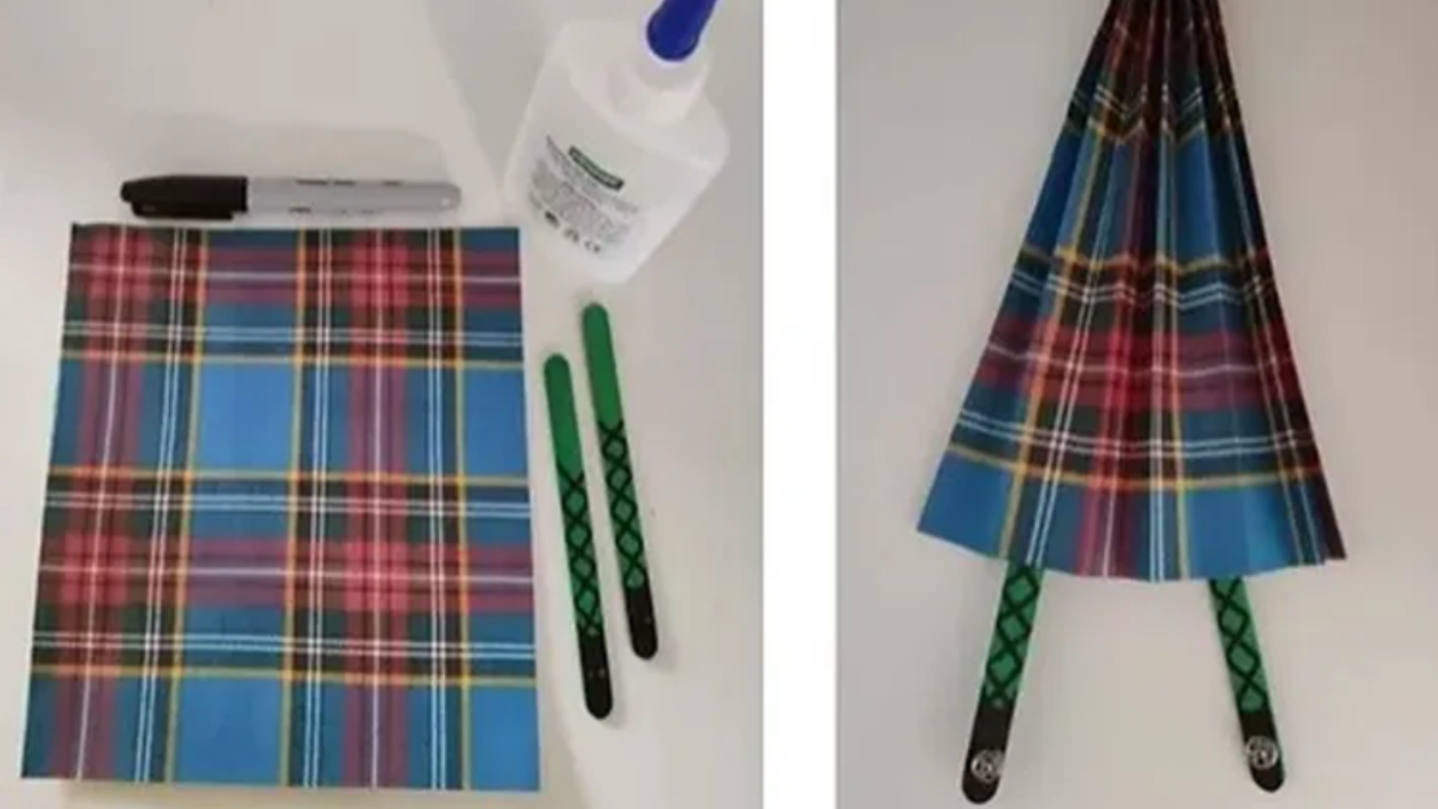 Tartan fabric craft transformation with pens and glue.