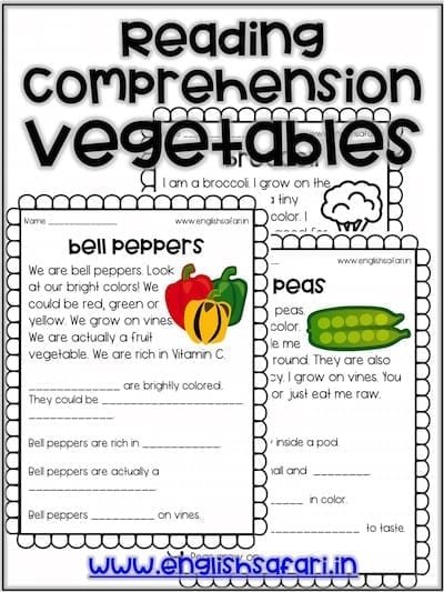1st Grade Reading Comprehension on Vegetables: 8 Exercises