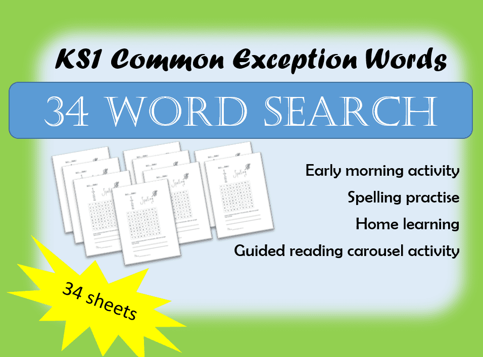 KS1 educational word search activity sheets for spelling practice
