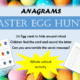 Educational Easter egg hunt game flyer with colorful eggs.