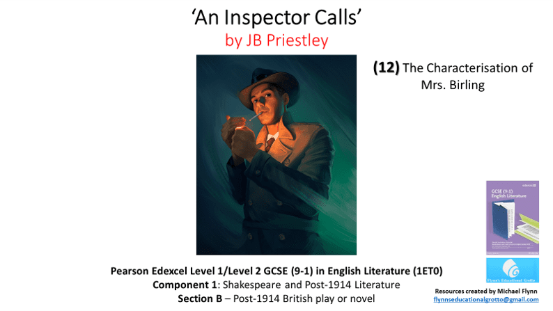 Inspector Calls poster, Mrs. Birling character analysis.