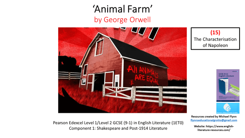 Animal Farm book cover with barn and equality message.