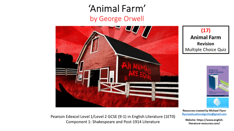 Animal Farm book cover, GCSE revision resource advertisement.