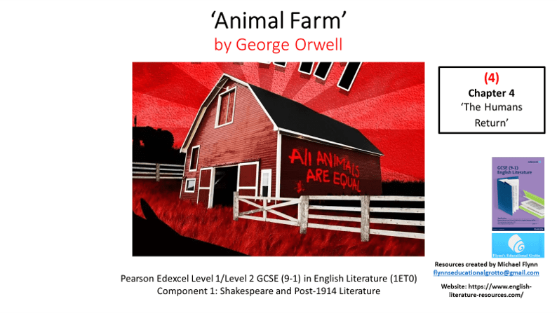 Animal Farm book cover, George Orwell, Chapter 4 educational resource.