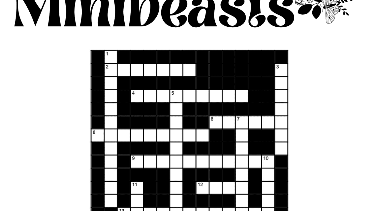 Minibeasts themed crossword puzzle with clues, black and white.