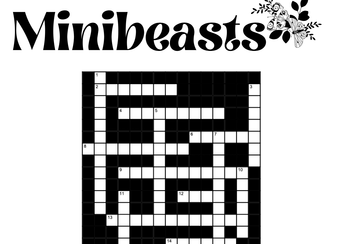 Minibeasts themed crossword puzzle with clues, black and white.