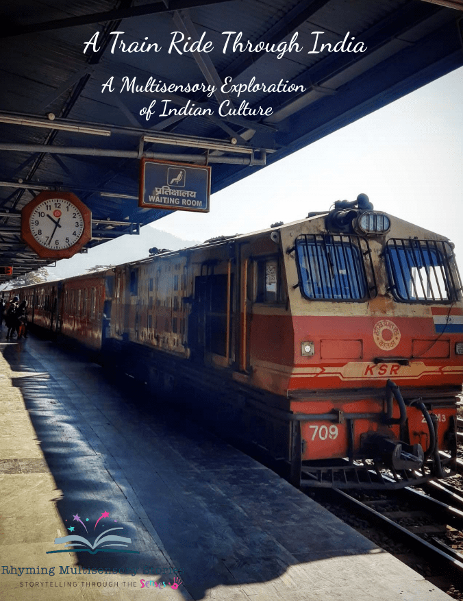 Indian train at station platform with cultural exploration theme.