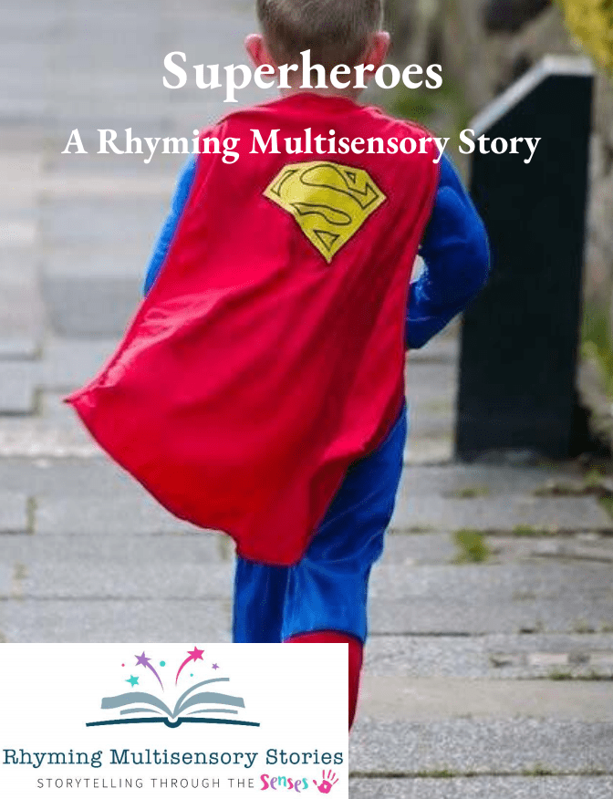 Child in superhero costume for multisensory storybook.