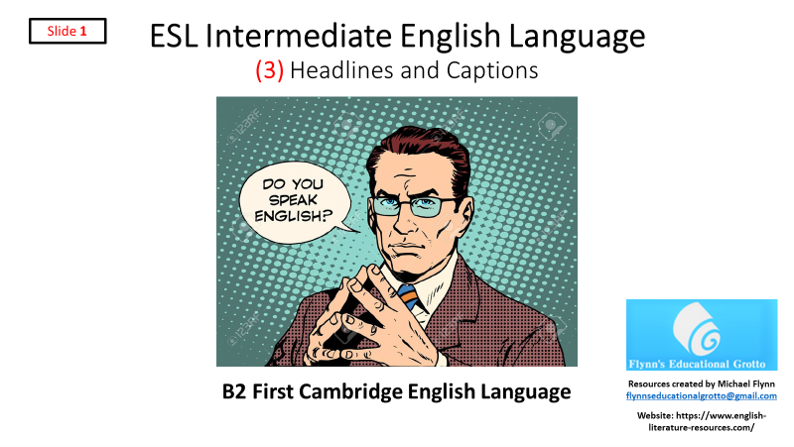 ESL Intermediate English presentation slide with comic artwork.