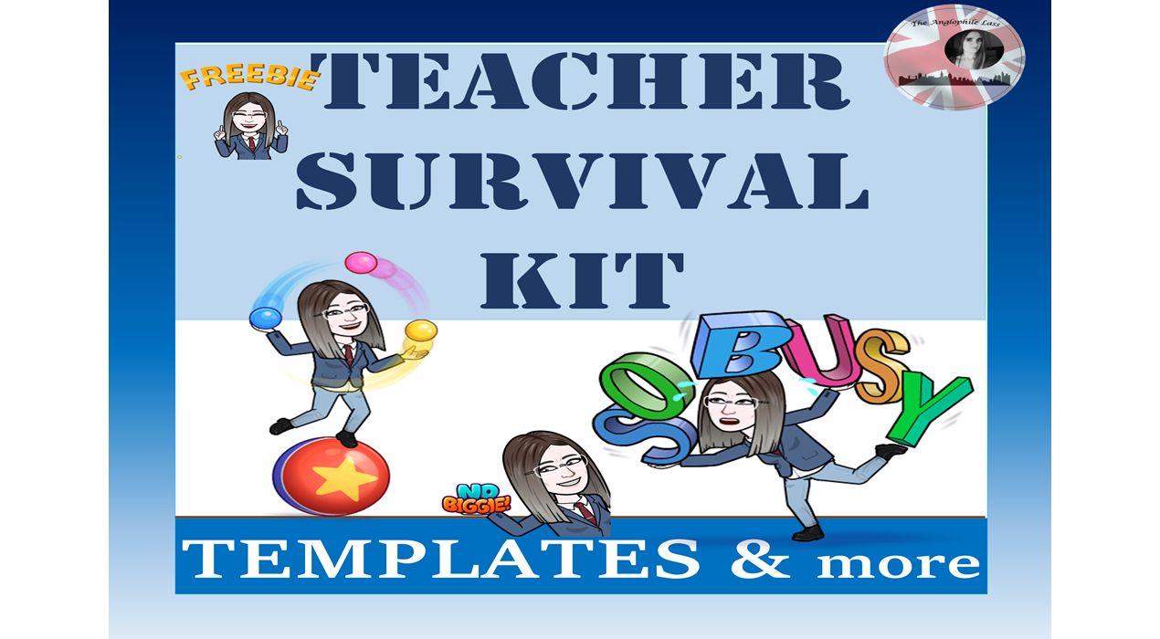 Teacher's survival kit image with cartoon and text.