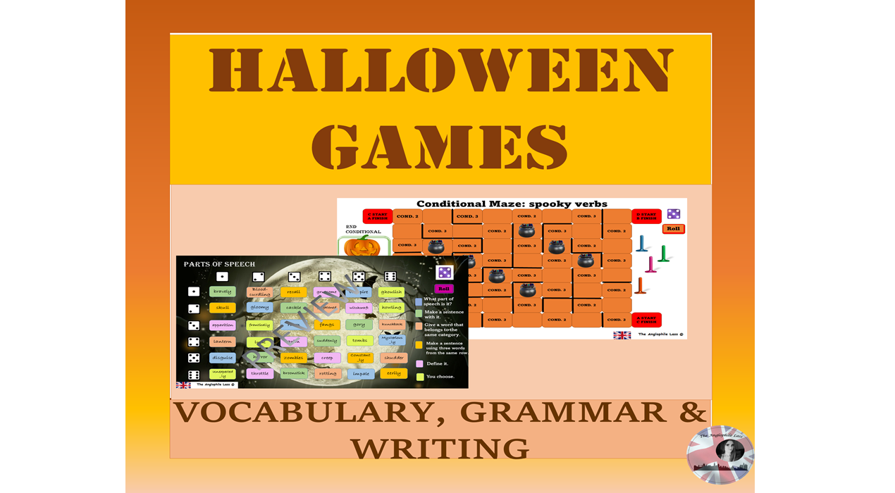 Educational Halloween-themed language games poster.