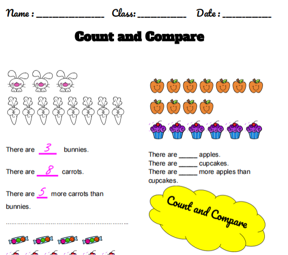 Children's maths worksheet, counting and comparing exercise.