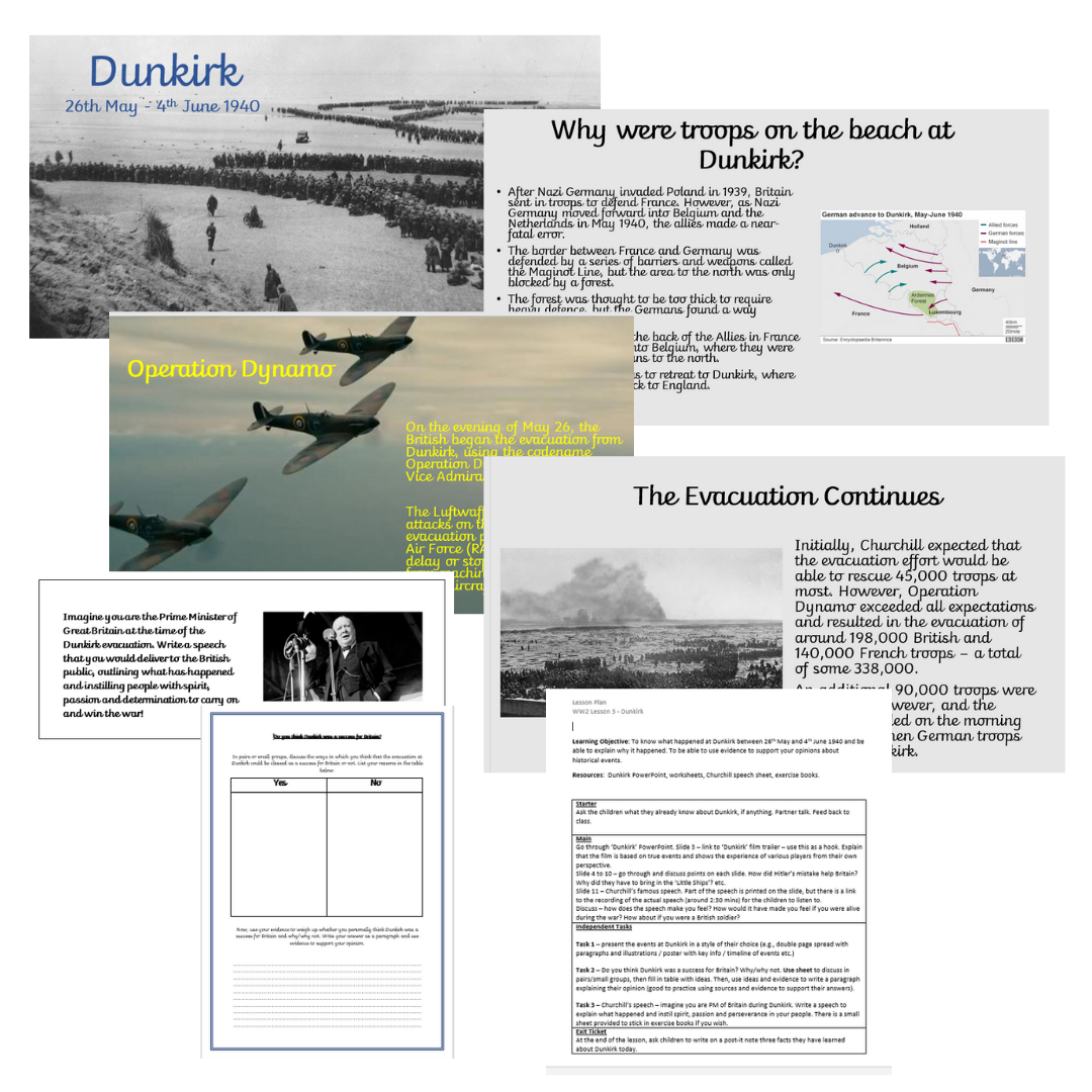 Educational poster explaining Dunkirk evacuation, Operation Dynamo.