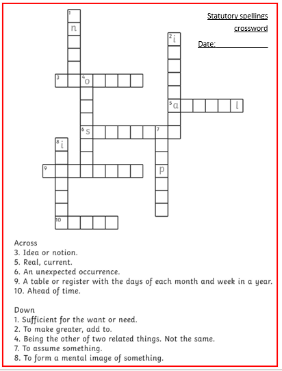 Educational spelling crossword puzzle with clues.