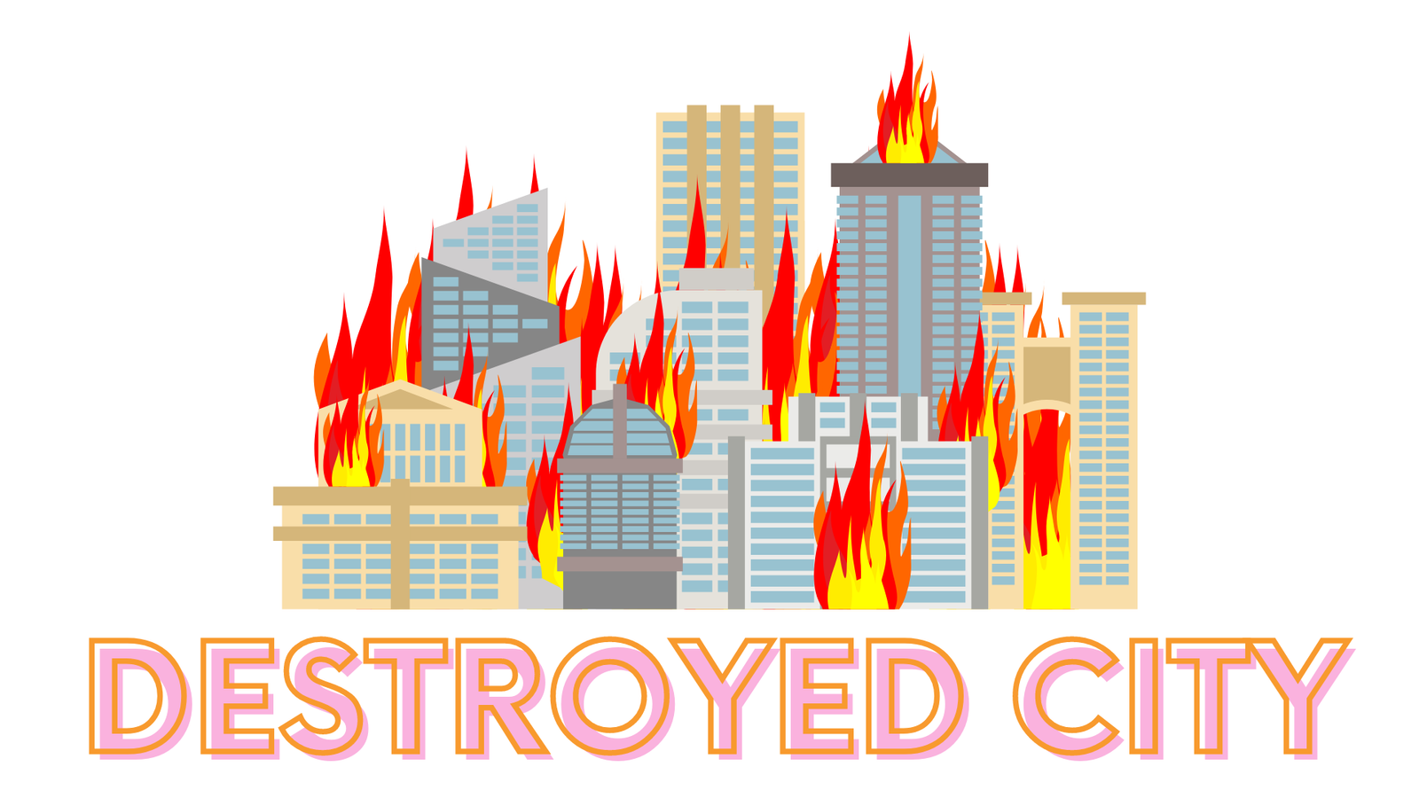 Illustration of city buildings engulfed in flames.