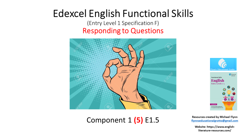 Edexcel Functional Skills English poster with hand gesture illustration.