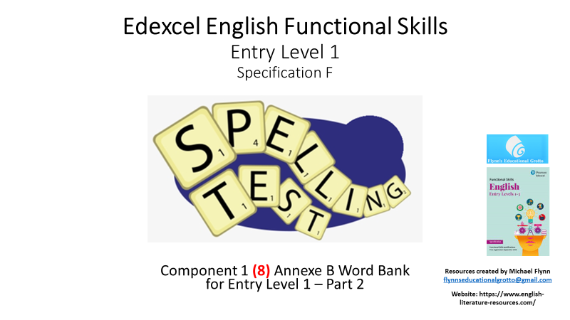 Edexcel English Functional Skills Entry Level 1 spelling test materials.