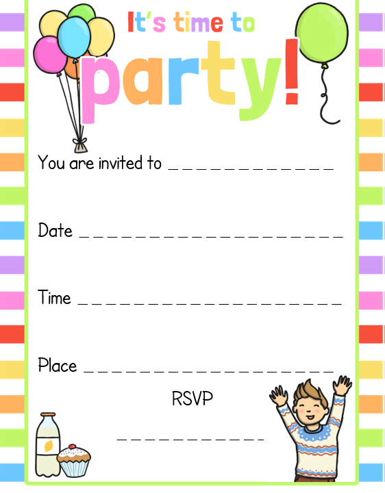 Colorful kids' party invitation template with balloons.