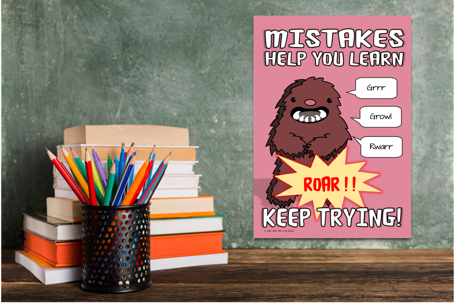 Inspirational classroom poster with monster and colorful pencils.