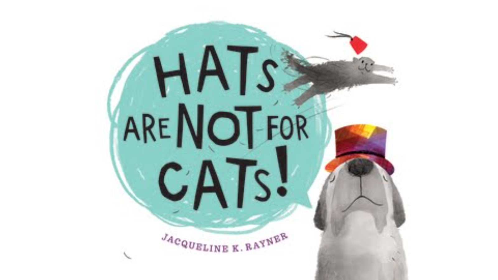 Children's book cover, dog and cat with hats, whimsical.
