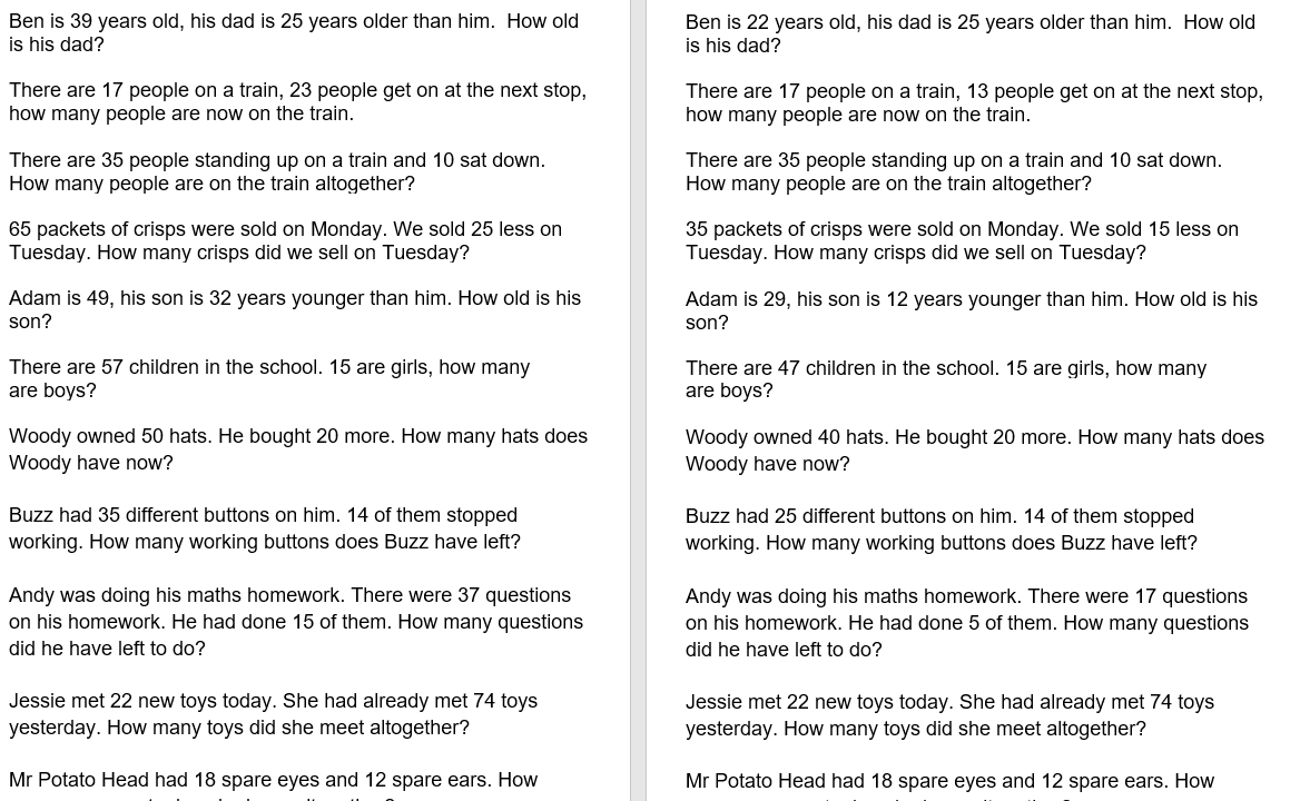 Side-by-side math word problems comparison.