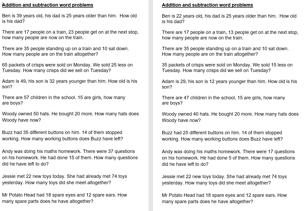 Side-by-side math word problems comparison.