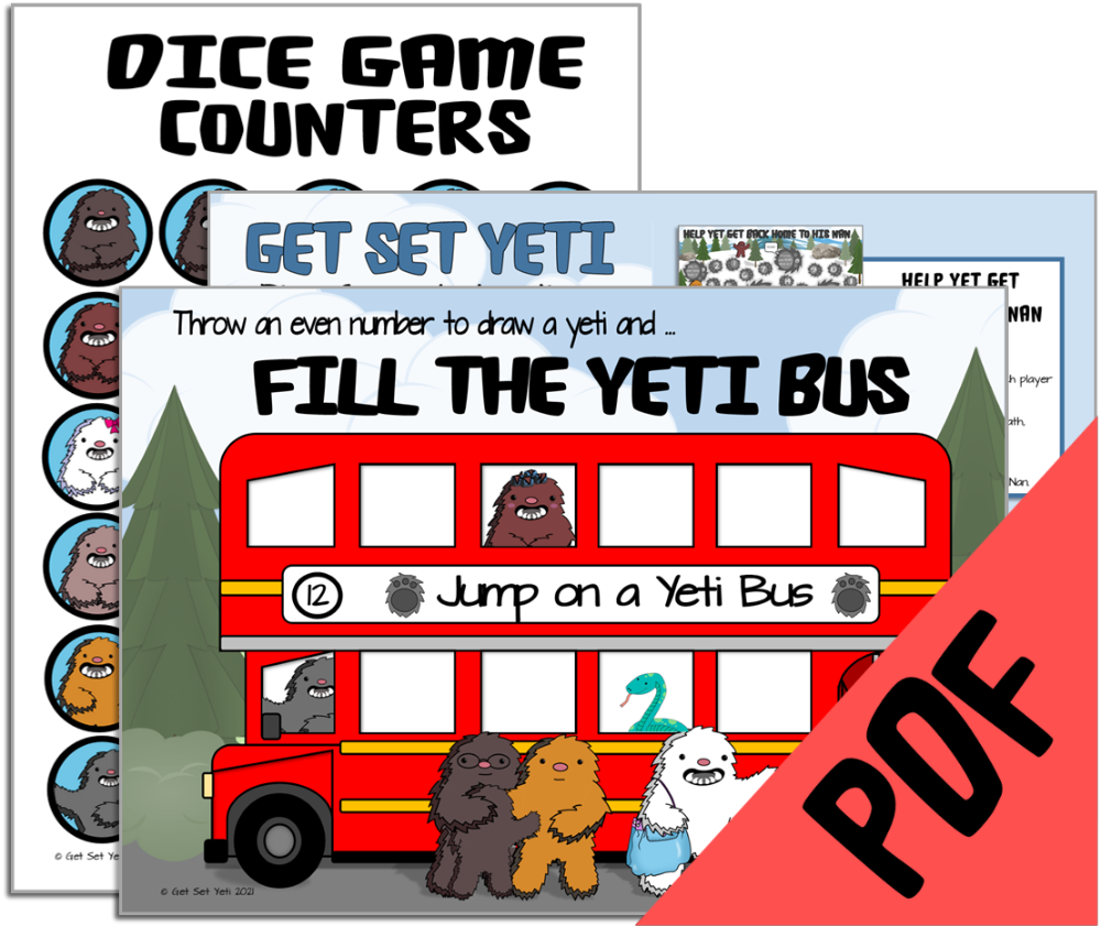 Educational yeti-themed dice game counters and instructions.