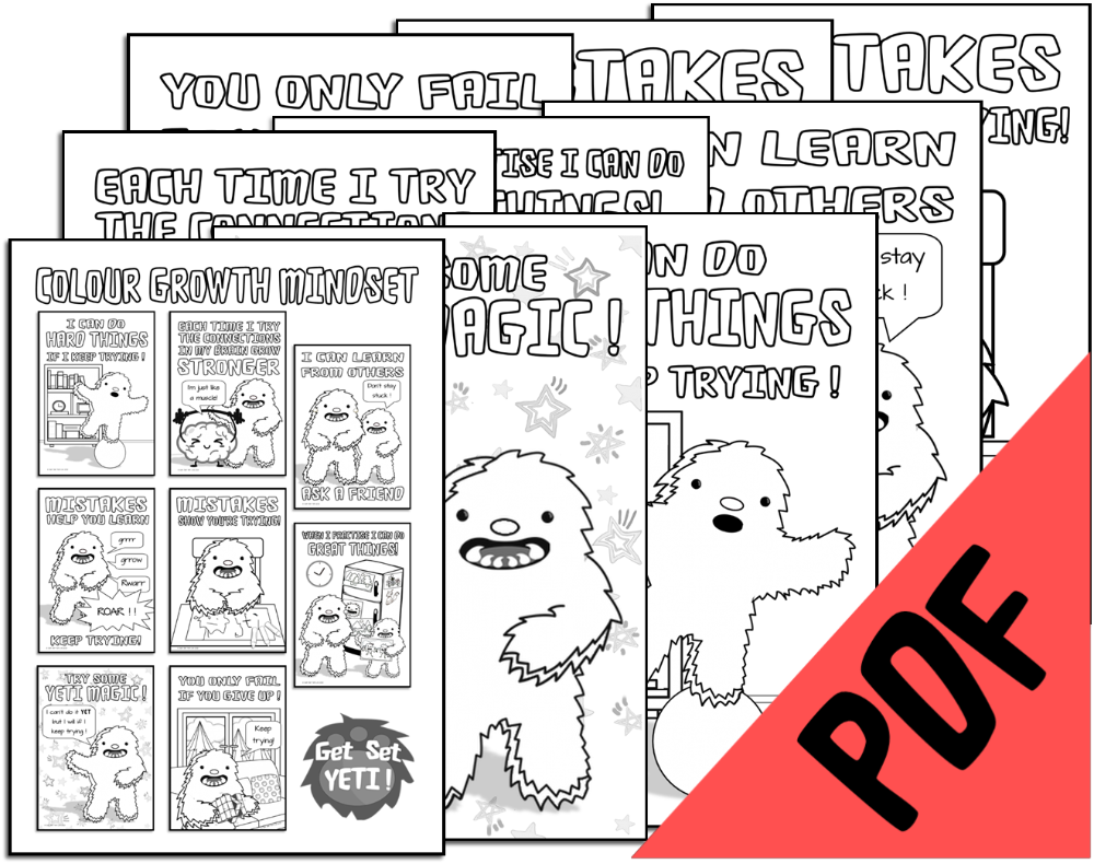 Growth mindset coloring sheets featuring cartoon yetis.