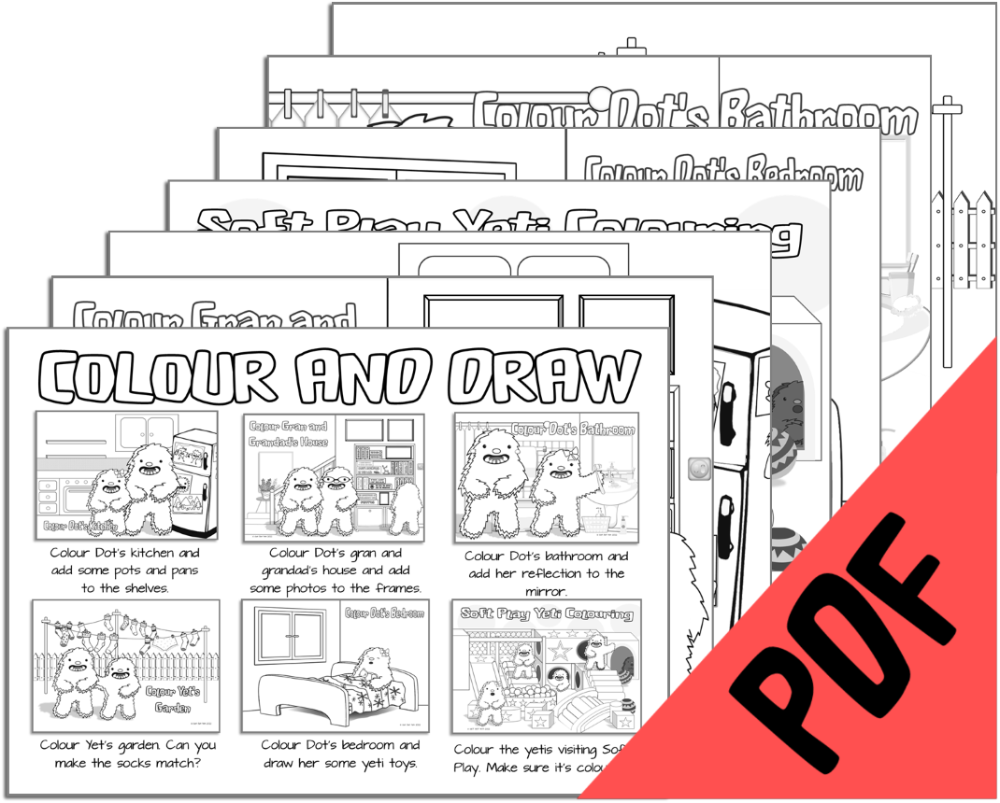 Assorted children's colouring pages with activities displayed.