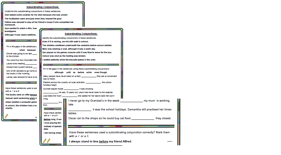 English worksheet on subordinating conjunctions for language studies.