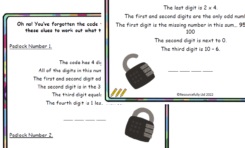 Maths puzzle sheet with two padlock codes to solve.