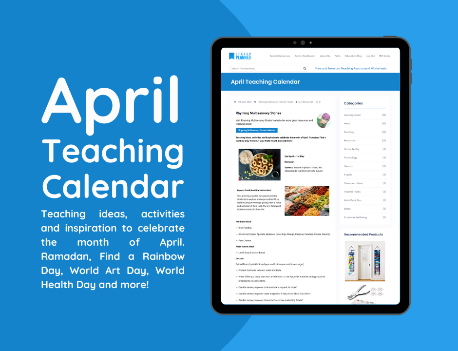 Tablet displaying April educational content calendar.