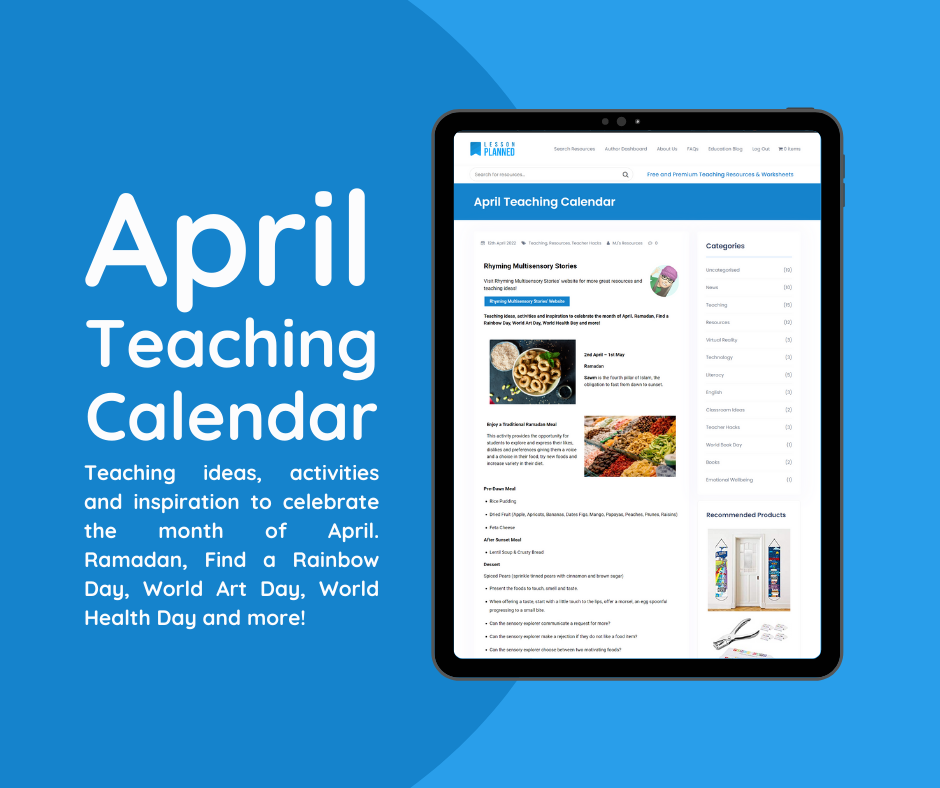 Tablet displaying April educational content calendar.