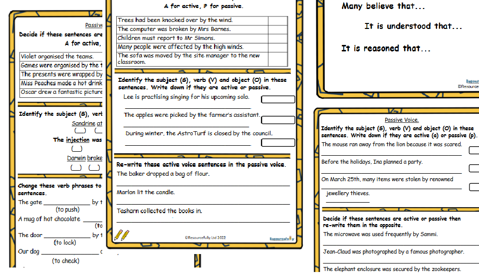 Educational worksheet on active and passive sentences.