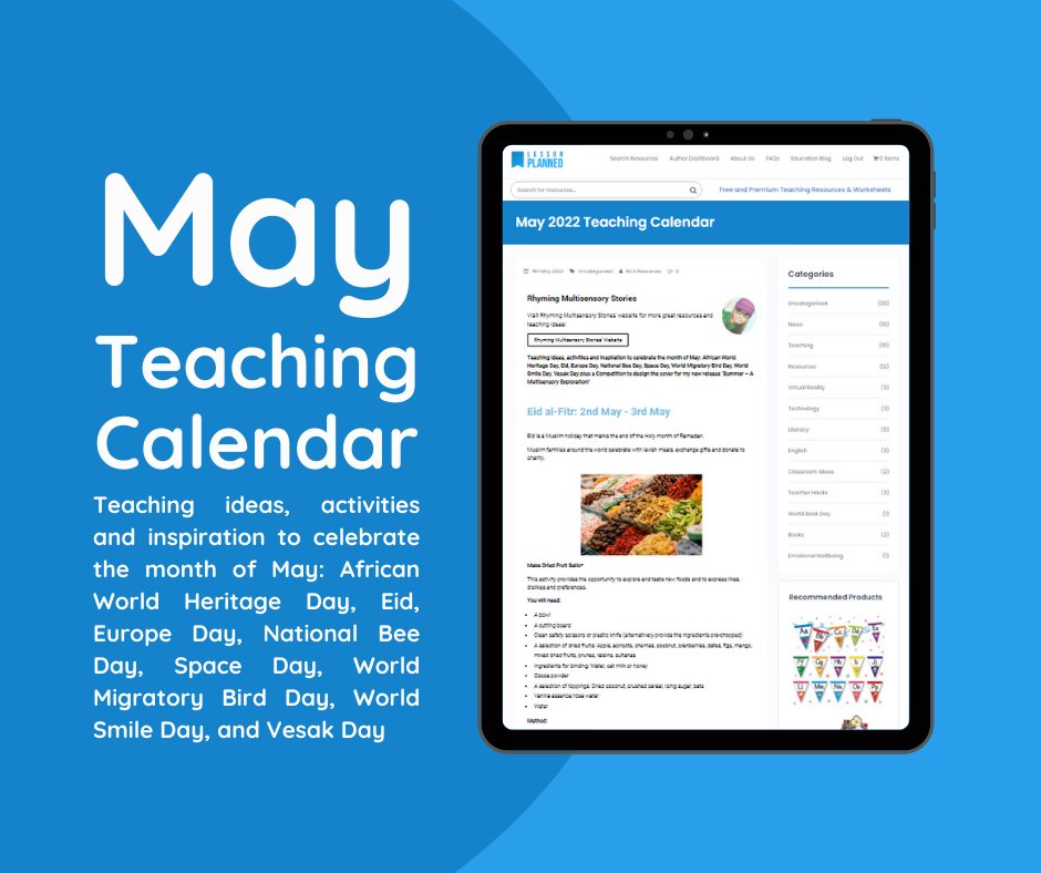 Tablet displaying May Teaching Calendar website.
