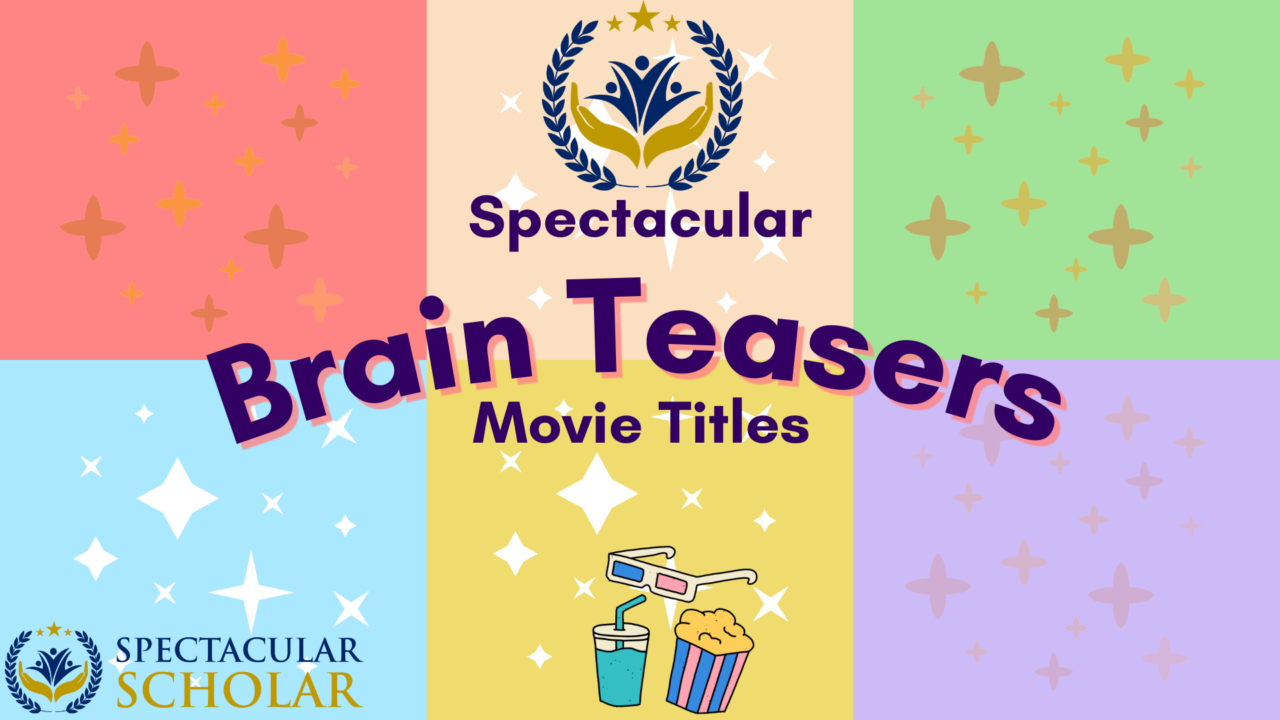 Colourful "Brain Teasers Movie Titles" graphical poster.