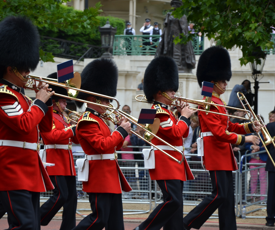 British guards marching and playing trombones.