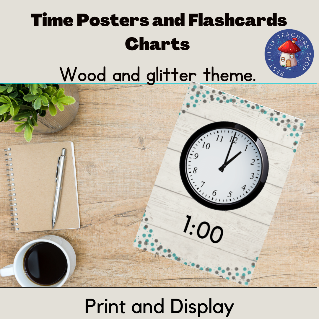 Educational clock flashcards on wooden desk with coffee.