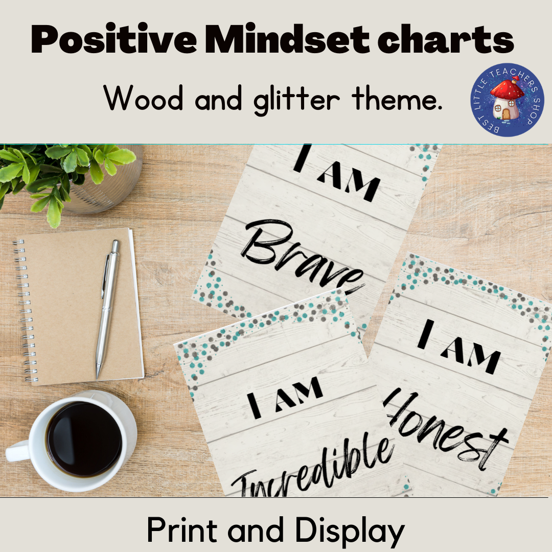 Inspirational mindset charts with wood and glitter design.