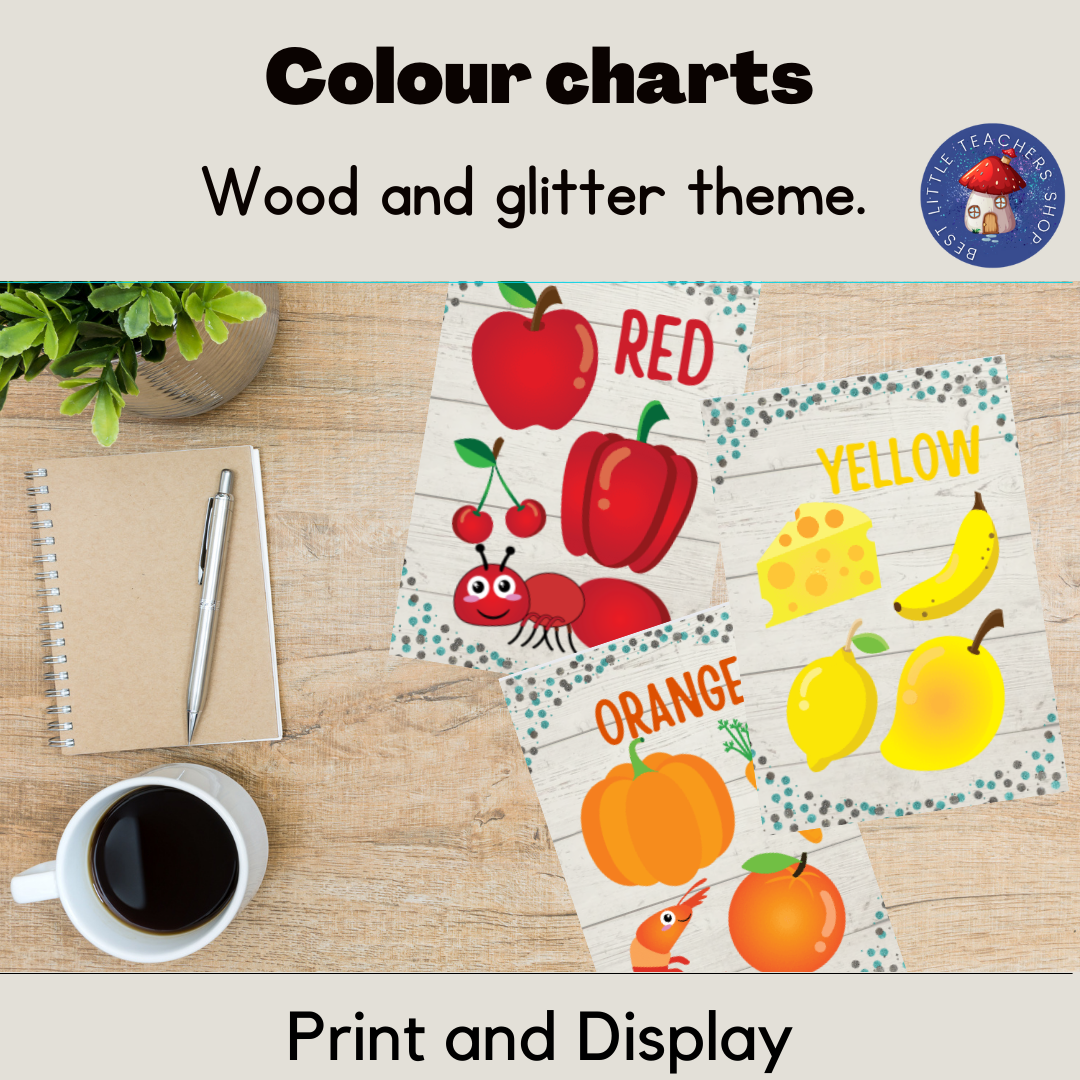 Educational colour charts with fruits and glitter accents.