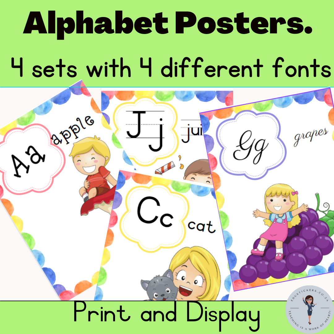 Colourful educational alphabet posters for children.