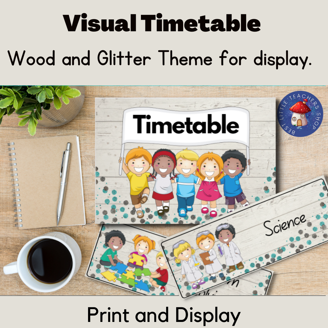 Educational visual timetable cards with wood glitter theme.
