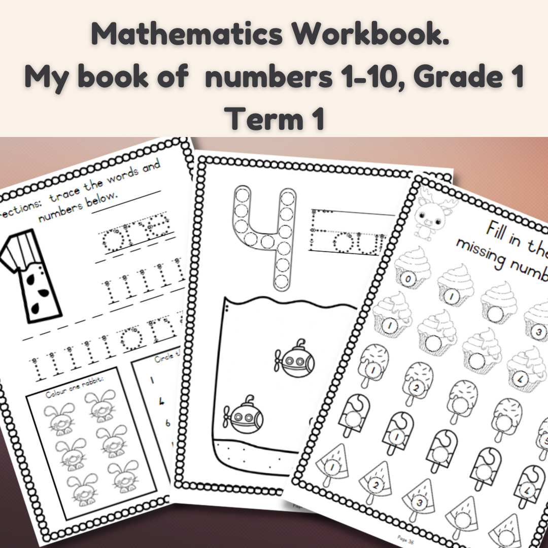 Grade 1 Maths workbook pages, numbers 1-10 activities.
