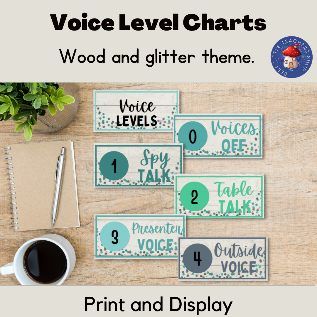 Classroom voice level charts with wood, glitter theme.