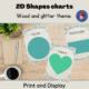 Educational 2D shapes chart with wooden desk background.