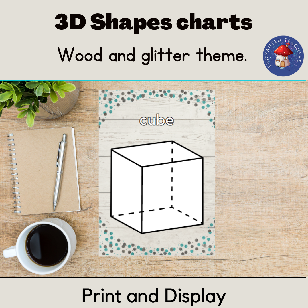 Educational cube shape chart with wooden desk background.