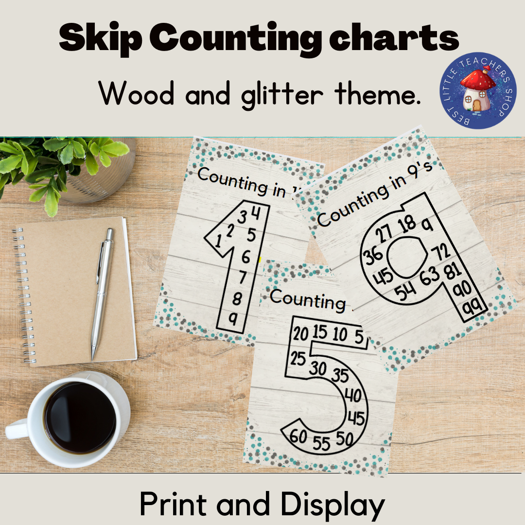 Educational skip counting charts with glitter design.