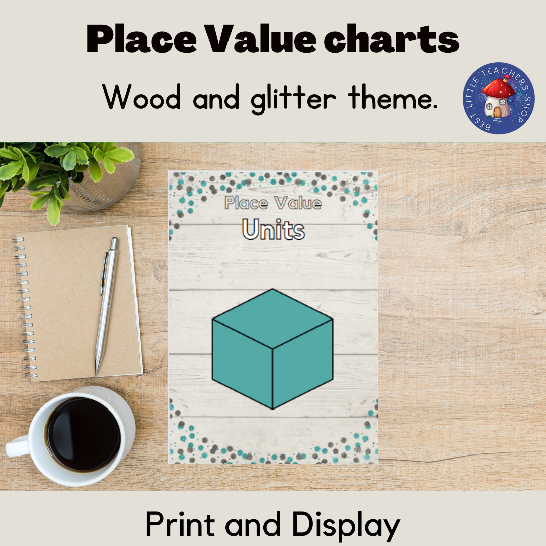 Educational place value chart with rustic wood background.